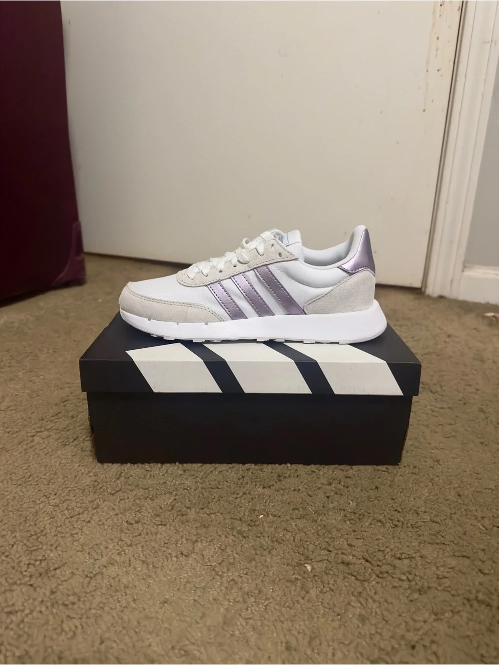 adidas White Sneaker with Metallic Lilac Stripes